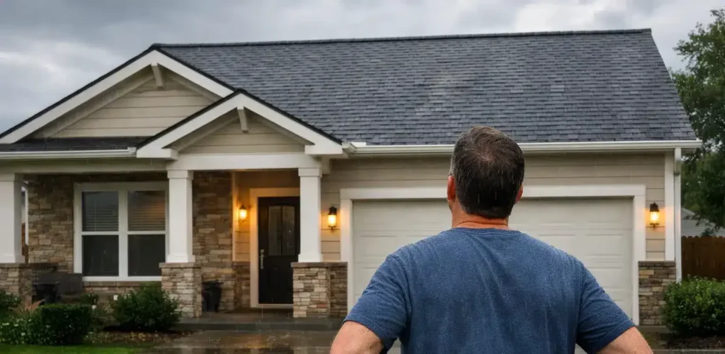 Homeowner inspecting roof damage after a storm
